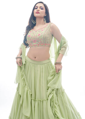 Green Semi Stitched Embroidered Lehenga Choli Set With Dupatta - Indian Silk House Agencies