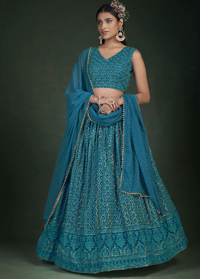 Blue Semi Stitched Embroidered Lehenga Choli Set With Dupatta - Indian Silk House Agencies