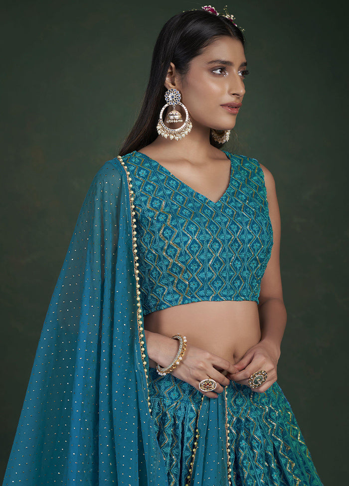 Blue Semi Stitched Embroidered Lehenga Choli Set With Dupatta - Indian Silk House Agencies