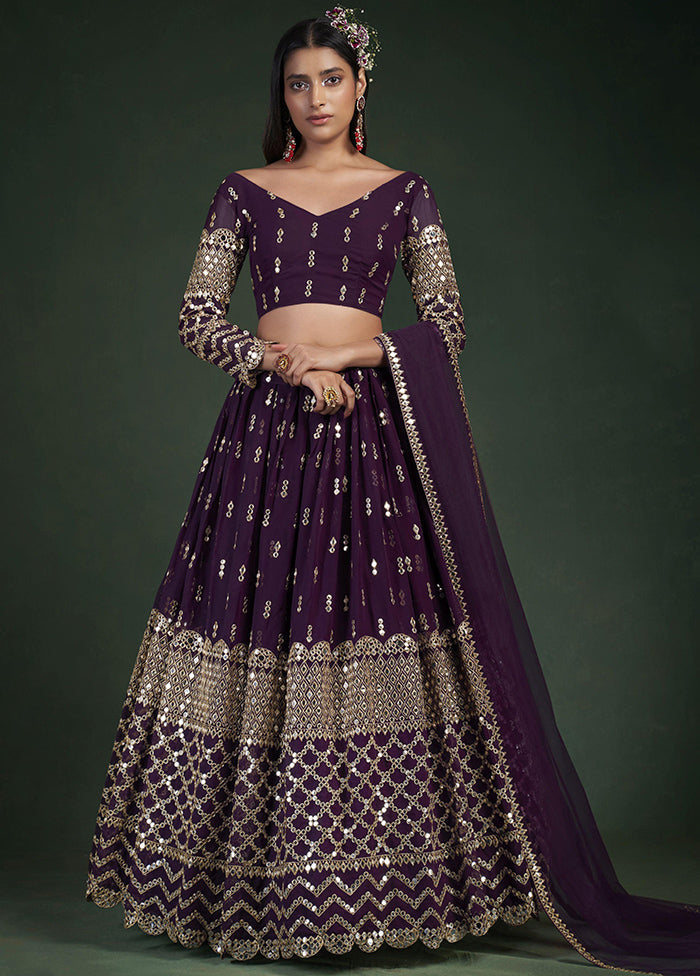 Wine Semi Stitched Embroidered Lehenga Choli Set With Dupatta - Indian Silk House Agencies