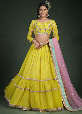 Yellow Semi Stitched Embroidered Lehenga Choli Set With Dupatta - Indian Silk House Agencies