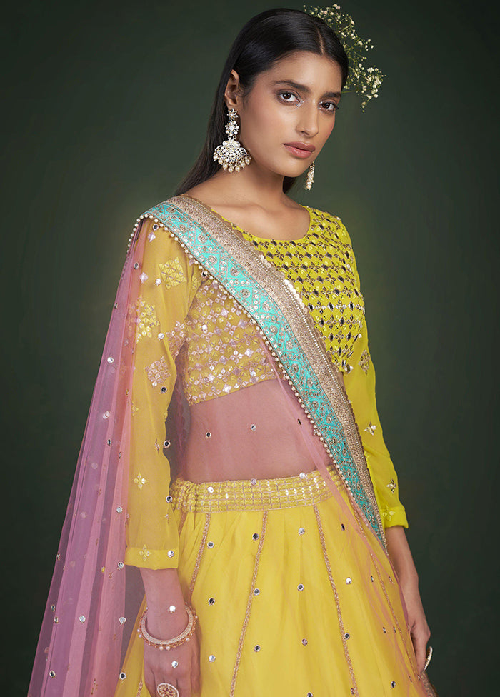 Yellow Semi Stitched Embroidered Lehenga Choli Set With Dupatta - Indian Silk House Agencies