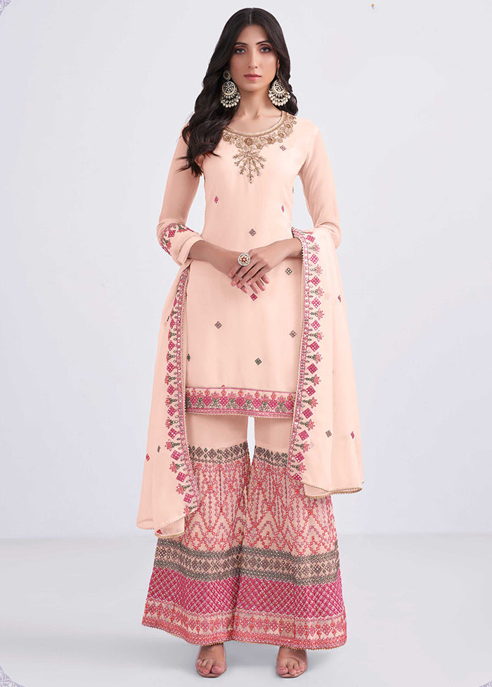 3 Pc Peach Georgette Sharara Set With Dupatta VDKSH912266 - Indian Silk House Agencies