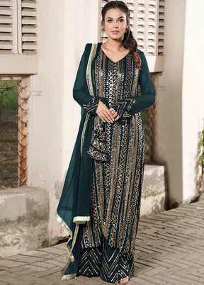 3 Pc Teal Blue Georgette Suit Set With Dupatta VDKSH912272 - Indian Silk House Agencies