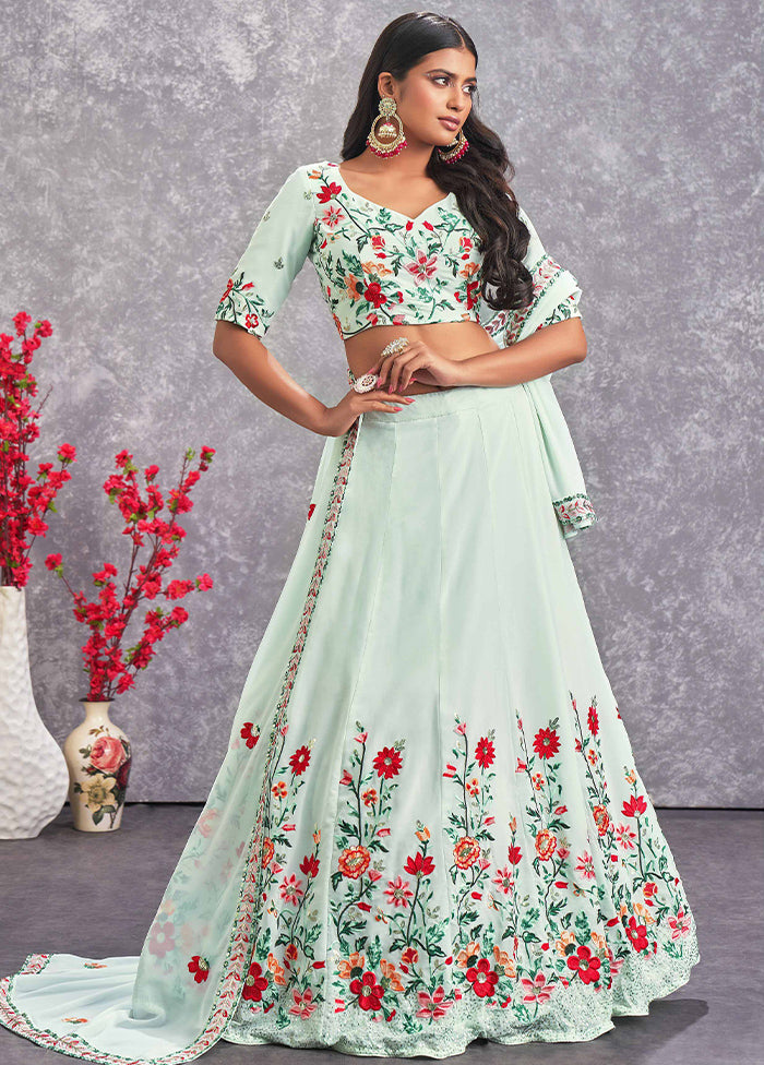 Sea Green Semi Stitched Blended Georgette Lehenga Choli Set With Dupatta - Indian Silk House Agencies