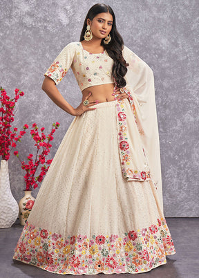 Beige Semi Stitched Blended Georgette Lehenga Choli Set With Dupatta - Indian Silk House Agencies