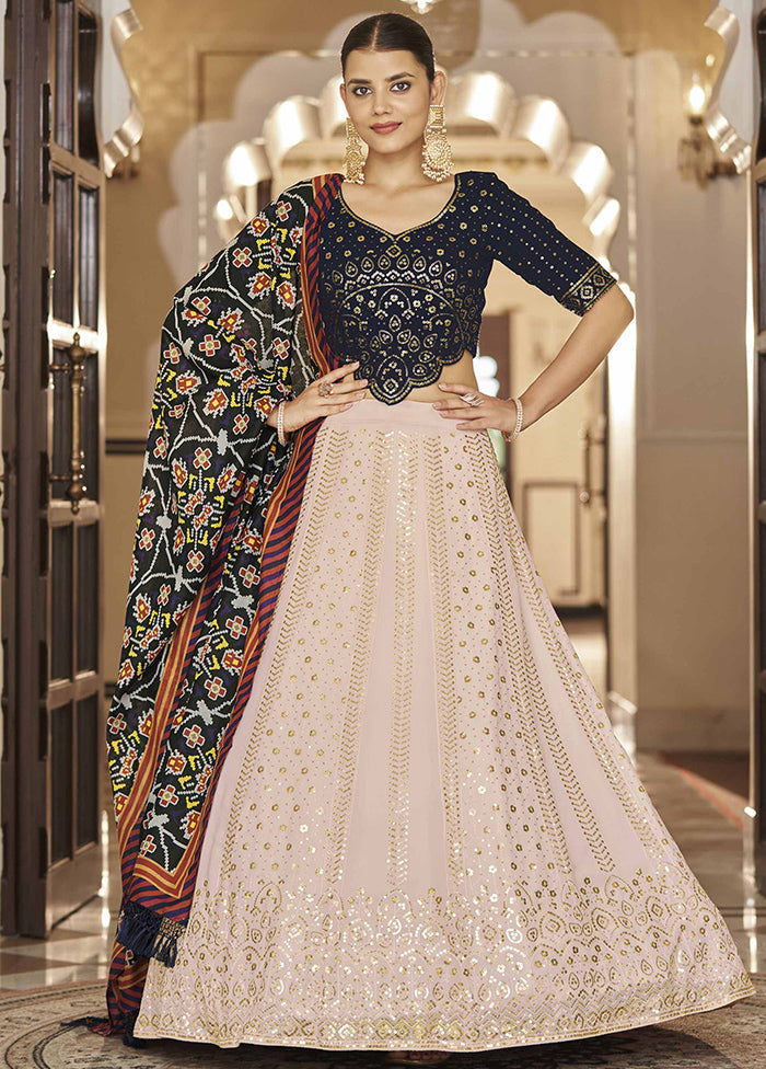 Navy Blue Semi Stitched Blended Georgette Lehenga Choli Set With Dupatta - Indian Silk House Agencies