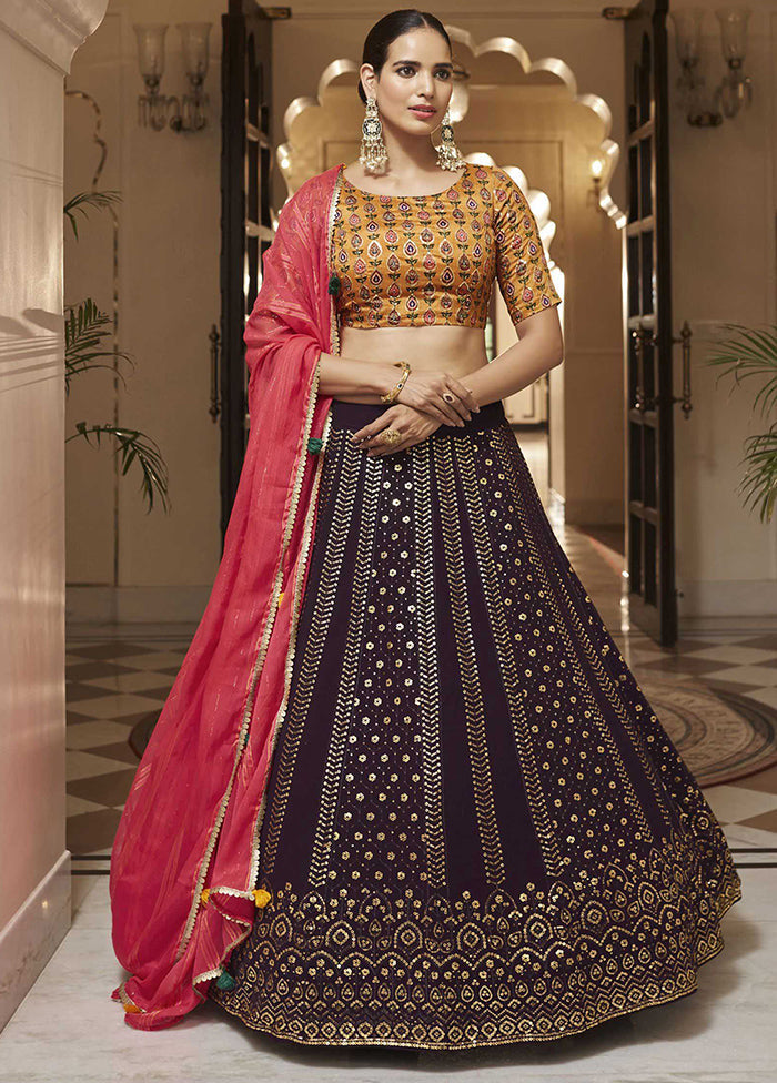 Purple Semi Stitched Blended Georgette Lehenga Choli Set With Dupatta - Indian Silk House Agencies