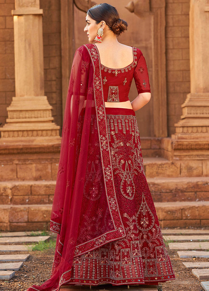 Red Semi Stitched Net Lehenga Choli Set With Dupatta - Indian Silk House Agencies