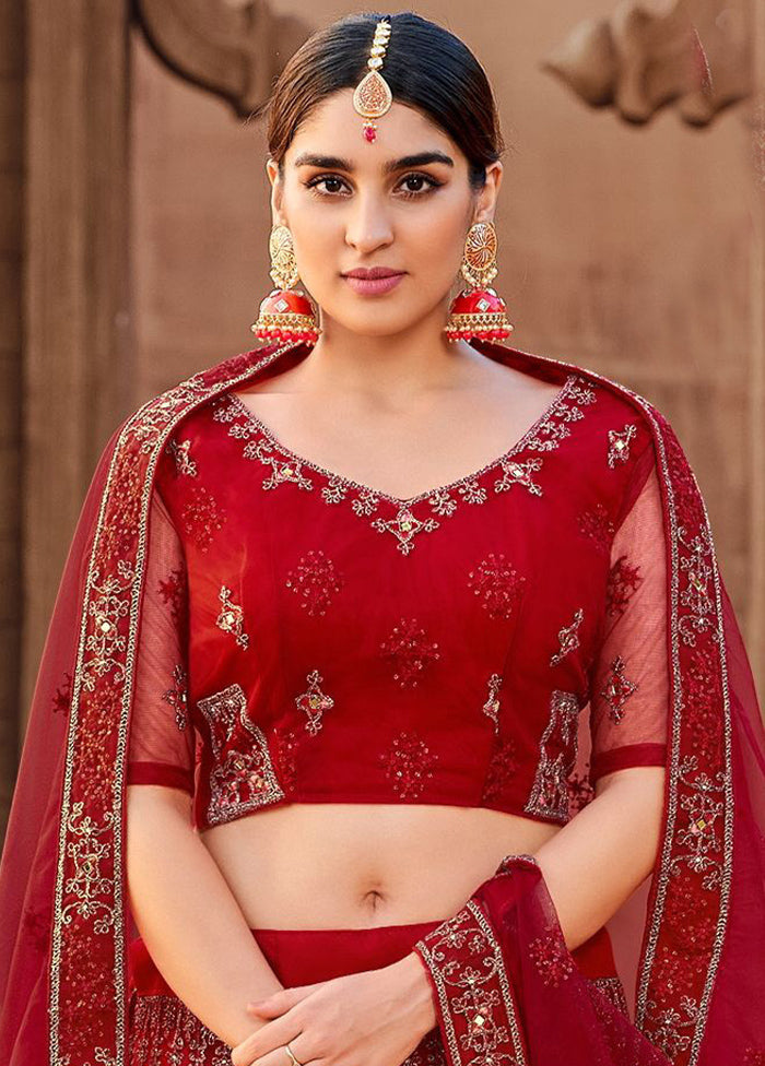 Red Semi Stitched Net Lehenga Choli Set With Dupatta - Indian Silk House Agencies