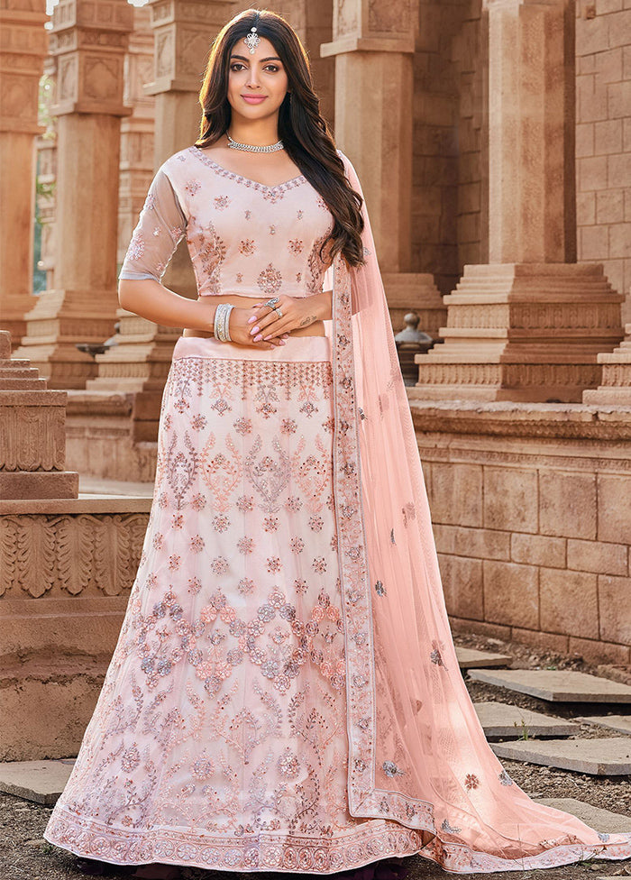 Light Peach Semi Stitched Net Lehenga Choli Set With Dupatta - Indian Silk House Agencies