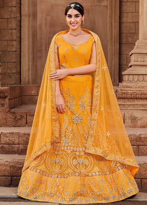 Mustard Semi Stitched Net Lehenga Choli Set With Dupatta - Indian Silk House Agencies