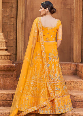 Mustard Semi Stitched Net Lehenga Choli Set With Dupatta - Indian Silk House Agencies