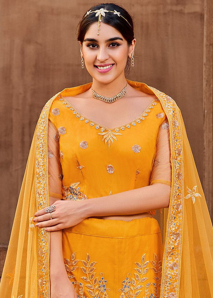 Mustard Semi Stitched Net Lehenga Choli Set With Dupatta - Indian Silk House Agencies