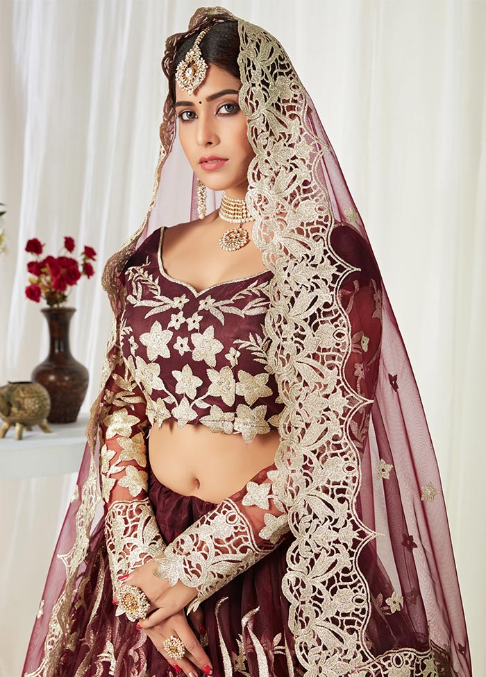 Red Semi Stitched Net Lehenga Choli Set With Dupatta - Indian Silk House Agencies