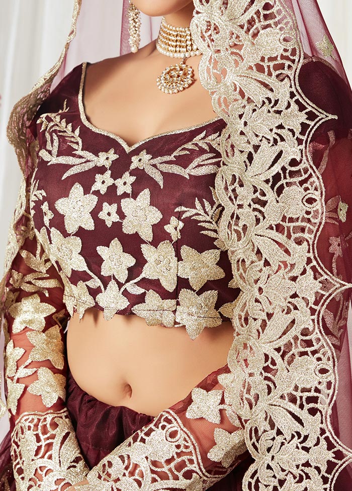 Red Semi Stitched Net Lehenga Choli Set With Dupatta - Indian Silk House Agencies