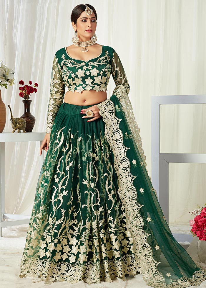 Green Semi Stitched Net Lehenga Choli Set With Dupatta - Indian Silk House Agencies