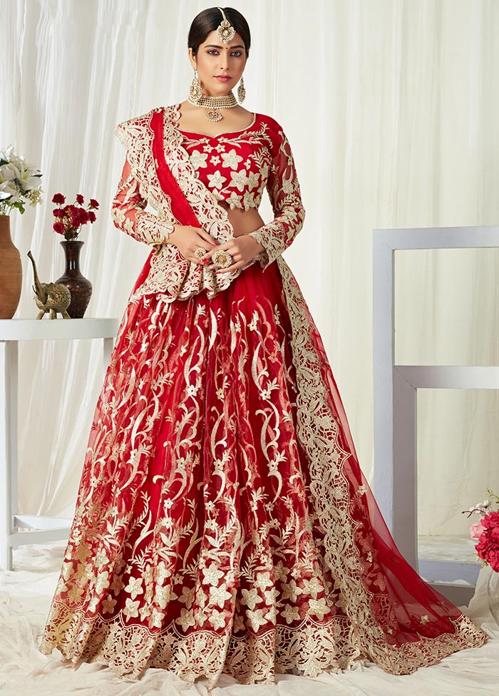 Red Semi Stitched Net Lehenga Choli Set With Dupatta - Indian Silk House Agencies