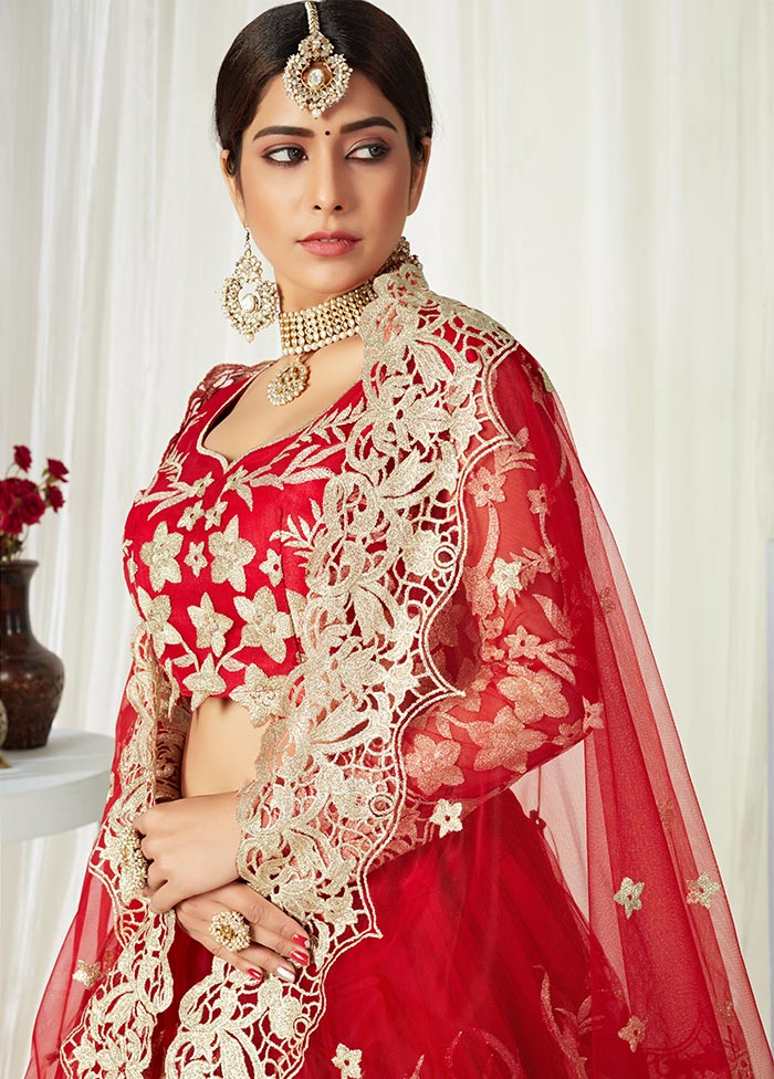 Red Semi Stitched Net Lehenga Choli Set With Dupatta - Indian Silk House Agencies