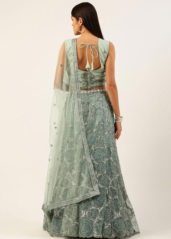 3 Pc Sea Green Semi Stitched Net Lehenga Choli Set With Dupatta - Indian Silk House Agencies