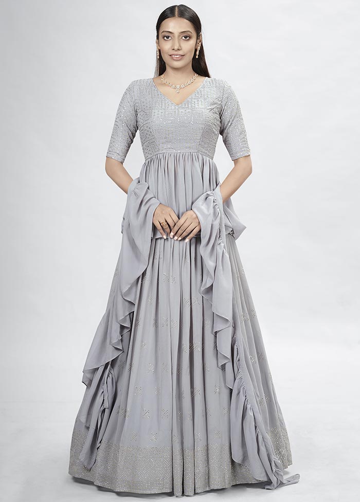 Grey Semi Stitched Georgette Lehenga Choli Set With Dupatta - Indian Silk House Agencies