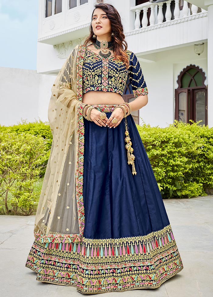 Navy Blue Semi Stitched Ferrari Silk Lehenga Choli Set With Dupatta - Indian Silk House Agencies