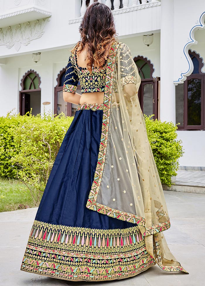 Navy Blue Semi Stitched Ferrari Silk Lehenga Choli Set With Dupatta - Indian Silk House Agencies