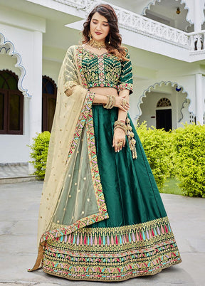 Green Semi Stitched Ferrari Silk Lehenga Choli Set With Dupatta - Indian Silk House Agencies