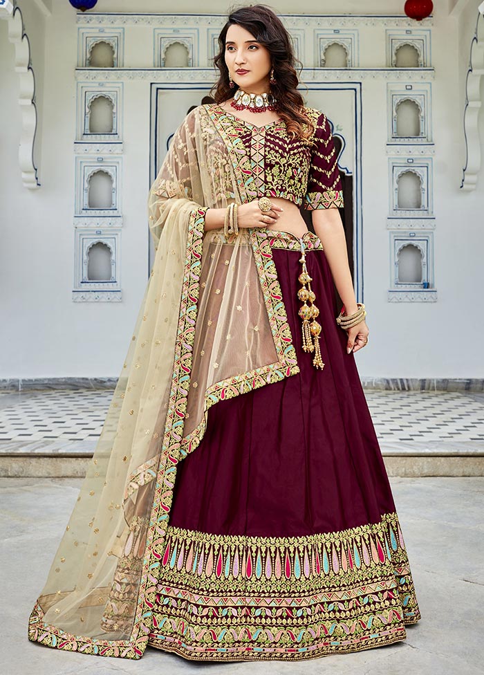 Maroon Semi Stitched Ferrari Silk Lehenga Choli Set With Dupatta - Indian Silk House Agencies