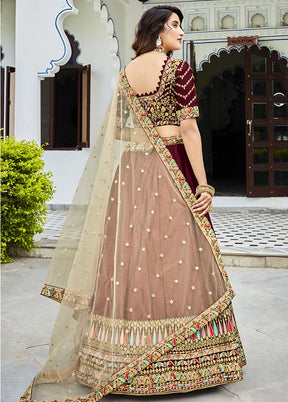 Maroon Semi Stitched Ferrari Silk Lehenga Choli Set With Dupatta - Indian Silk House Agencies