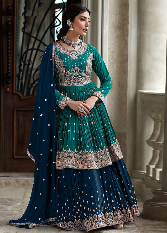 3 Pc Blue Semi Stitched Georgette Suit Set VDKSH11502233 - Indian Silk House Agencies