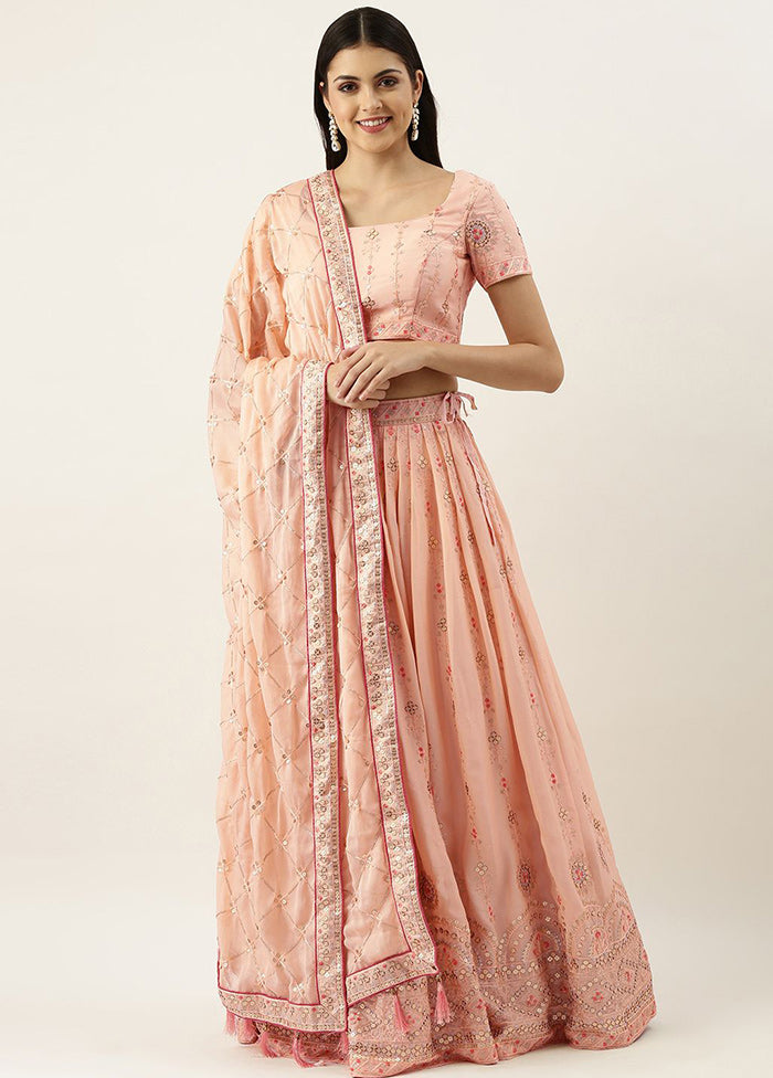 Peach Georgette Embroidered Semi Stitched Lehenga With Dupatta - Indian Silk House Agencies