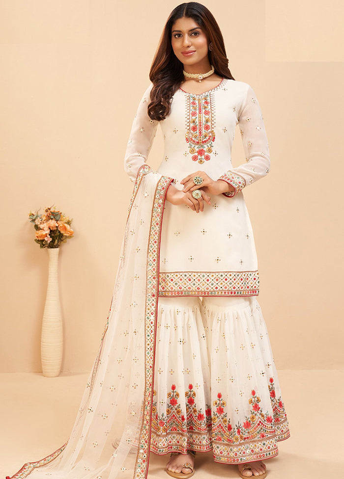 3 Pc Cream Semi Stitched Georgette Suit Set VDKSH11502260 - Indian Silk House Agencies