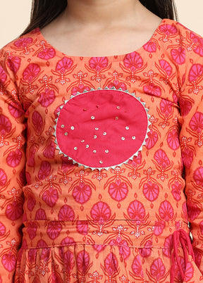 Orange Cotton Full Sleeves Round Neckshape Lehenga