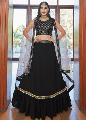 Black Semi Stitched Embroidered Lehenga Choli Set With Dupatta - Indian Silk House Agencies