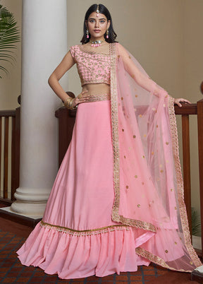 Pink Semi Stitched Embroidered Lehenga Choli Set With Dupatta - Indian Silk House Agencies