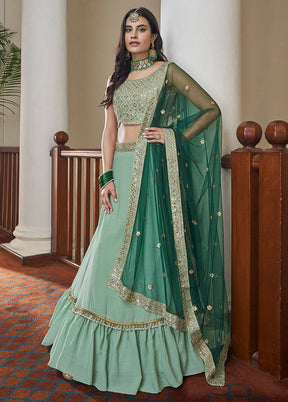 Green Semi Stitched Embroidered Lehenga Choli Set With Dupatta - Indian Silk House Agencies