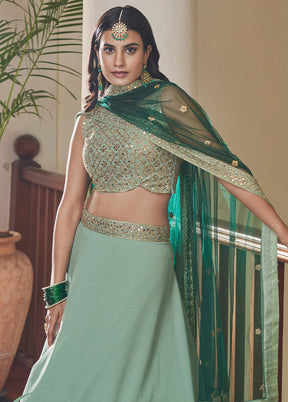 Green Semi Stitched Embroidered Lehenga Choli Set With Dupatta - Indian Silk House Agencies