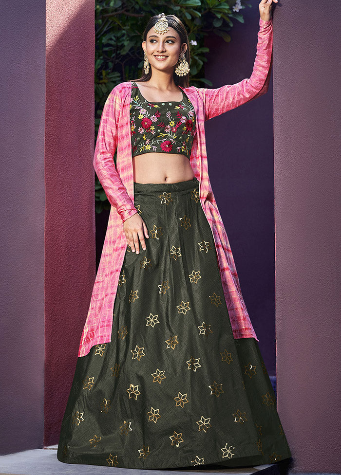 Olive Green Semi Stitched Embroidered Lehenga Choli Set With Dupatta - Indian Silk House Agencies