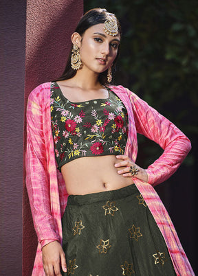 Olive Green Semi Stitched Embroidered Lehenga Choli Set With Dupatta - Indian Silk House Agencies