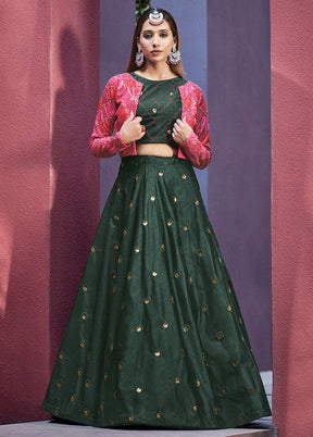 Green Semi Stitched Embroidered Lehenga Choli Set With Dupatta - Indian Silk House Agencies