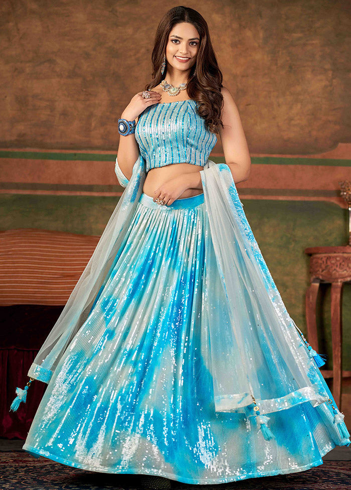 Sky Blue Semi Stitched Net Lehenga Choli Set With Dupatta - Indian Silk House Agencies