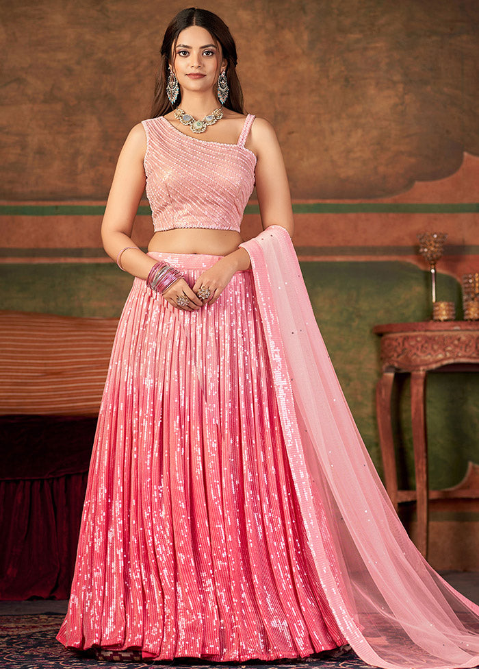 Pink Semi Stitched Net Lehenga Choli Set With Dupatta - Indian Silk House Agencies