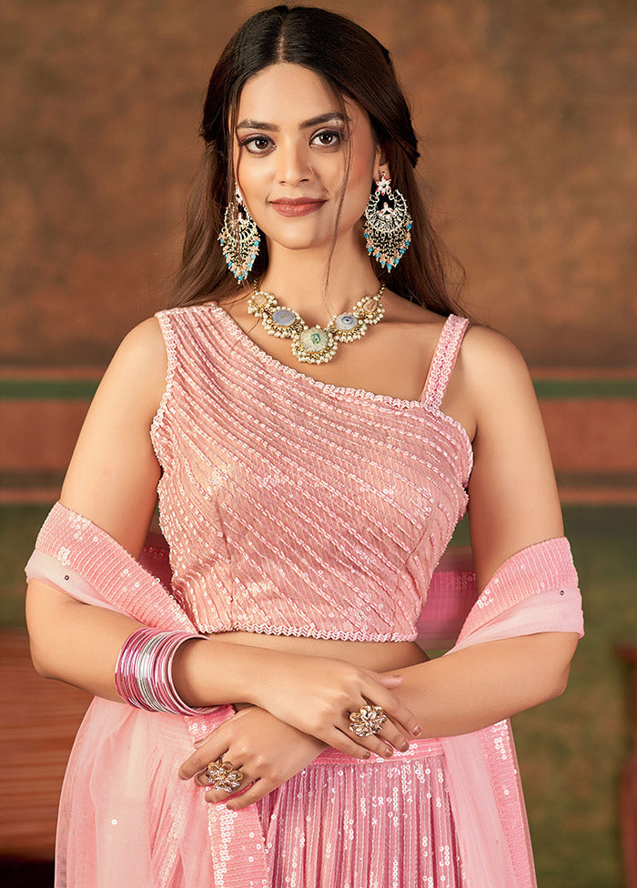 Pink Semi Stitched Net Lehenga Choli Set With Dupatta - Indian Silk House Agencies