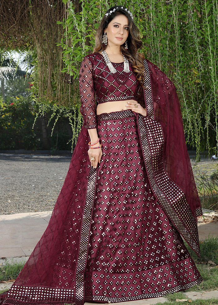 Wine Semi Stitched Net Lehenga Choli Set With Dupatta - Indian Silk House Agencies