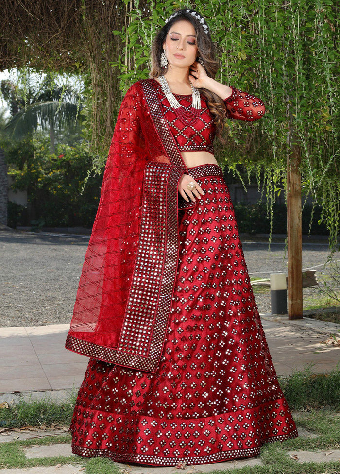 Red Semi Stitched Net Lehenga Choli Set With Dupatta - Indian Silk House Agencies