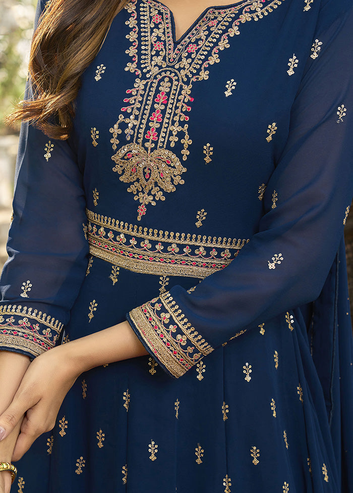 3 Pc Blue Semi Stitched Georgette Suit Set With Dupatta VDKSH11503233 - Indian Silk House Agencies