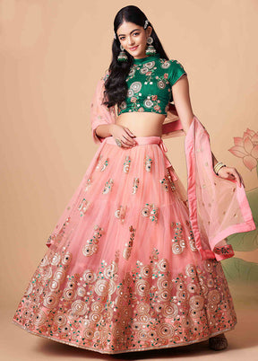 Pink Semi Stitched Net Embroidered Lehenga Choli Set With Dupatta - Indian Silk House Agencies