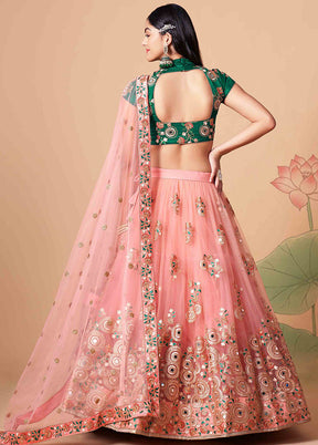 Pink Semi Stitched Net Embroidered Lehenga Choli Set With Dupatta - Indian Silk House Agencies