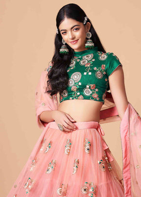 Pink Semi Stitched Net Embroidered Lehenga Choli Set With Dupatta - Indian Silk House Agencies